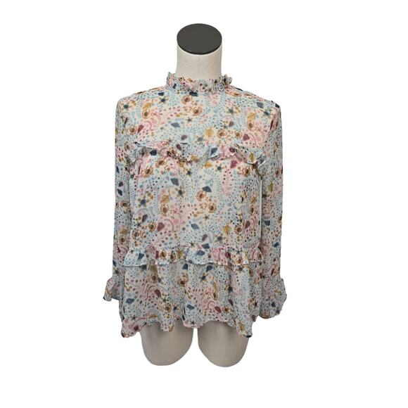 Sundance High Neck Floral Print Celina Blouse Tiered Ruffle Semi Sheer Womens XS - Picture 1 of 12